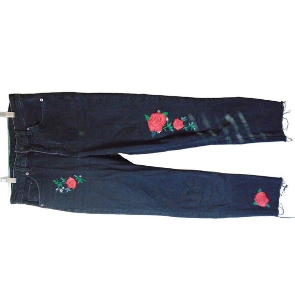 Divided Black Skinny Jeans Embroidered red roses Raw Hem Black Jean Women - Picture 2 of 6